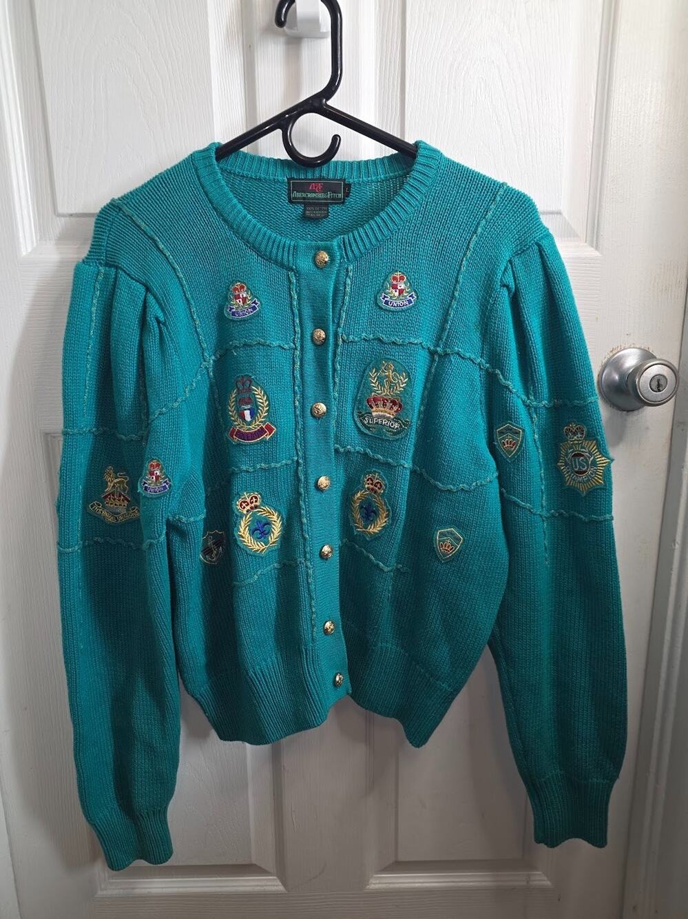 VTG Abercrombie & Fitch Patch Crest Cardigan Equestrian Preppy Old Money OOAK